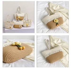 Detail of woven straw tote bag with sunflower pendants and floral embroidery texture