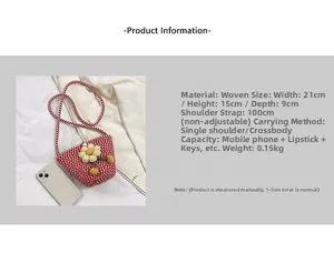 Detailed view of red and white woven bucket bag with yellow flower and phone for scale