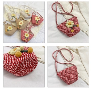 Detailed grid view of hand-woven mini crossbody bags with floral and tassel accents