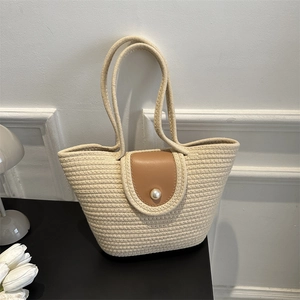 Sac Seau Tissé en Paille pour Femmes Grande Capacité Sac à Épaule Décontracté Avec Décoration de Künstliche Perles Rétro