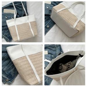 Detailed views of a woven straw and white leather tote bag with spacious interior compartment