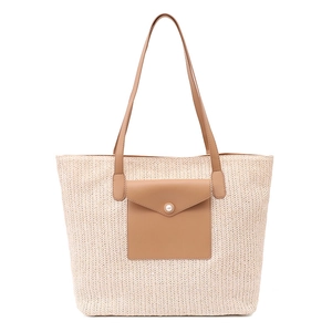 Large capacity woven straw tote bag with brown leather pocket and pearl detail for summer