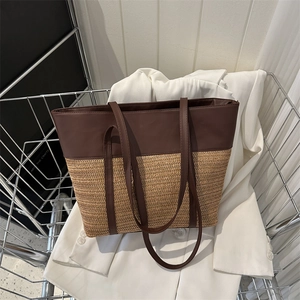 Women Straw Weaving Patchwork Tote Bag Large Capacity PU Leather Shoulder Handbag For Summer Beach Vacation Leisure Style