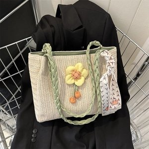 Women Large Capacity Straw Woven Tote Bag Summer Beach Shoulder Bag With Sunflower Charm And Scarf Casual Travel Handbag