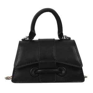 Minimalist black trapezoid leather handbag with round top handle and silver chain strap