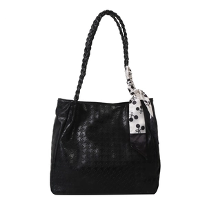 Large capacity black houndstooth tote bag with decorative silk scarf and woven handles