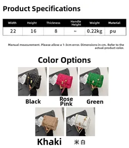 Size chart for quilted PU leather chain bag with dimensions, weight and color options