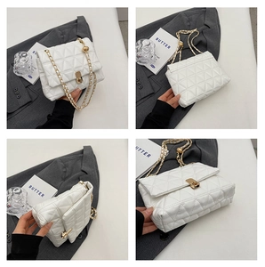 Detailed multi-angle view of a white quilted crossbody bag with gold hardware and chain strap
