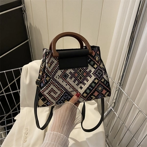 Vintage Ethnic Geometric Woven Shoulder Bag Women Handbag With Wood Handle PU Leather Cover Bohemian Crossbody Bag