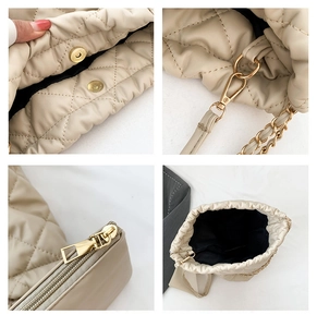 Detailed views of beige quilted tote bag showing magnetic buckle, chain link, and smooth zipper