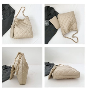 Detailed views of beige quilted tote bag with gold chain strap and mini pouch