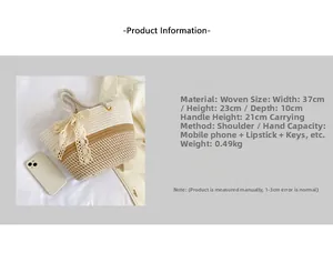 Detail of woven tote bag with lace bow, rope handles, and cream color-blocking design