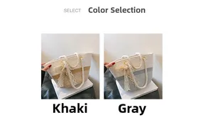 Detail of woven tote bags in khaki and grey with cotton rope handles and lace bows