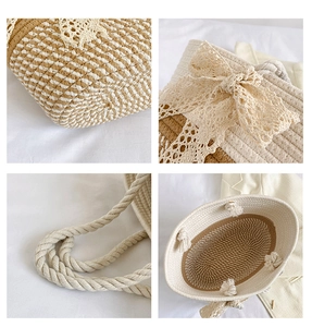 Detail view of woven tote with beige lace bow and sturdy braided cotton handles