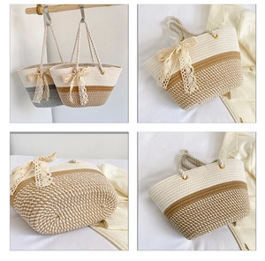 Detail of woven straw bucket bag with dual-tone design and elegant lace bow accessory
