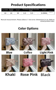 Tableau des tailles et six coloris disponibles pour cette trousse de maquillage