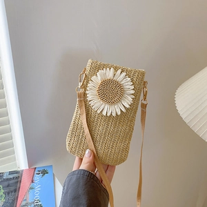 Damen Mode Stroh Gewebte Handytasche Mit Sonnenblumen Dekor Kleine Vertikale Umhängetasche Casual Strand Schultertasche