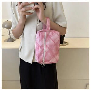 Trousse de toilette à carreaux roses avec poignée douce et fermeture éclair verticale