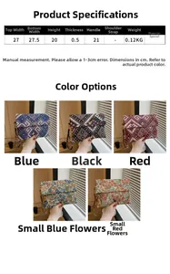 Detail view of stylish patterned evening clutch bags showing size specs and various prints
