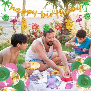 Hawaiian birthday party set with glitter happy birthday banner and flamingo balloons