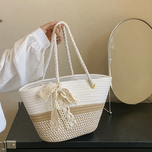 Woven Tote Bag Cotton Rope Straw Stitching Lace Bowknot Large Capacity Summer Beach Vacation Handbag For Women