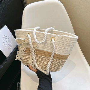 Handmade woven tote bag with silk scarf lace bow and stylish contrast stitching design