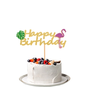 Golden glitter Happy Birthday cake topper with flamingo and tropical leaf decor