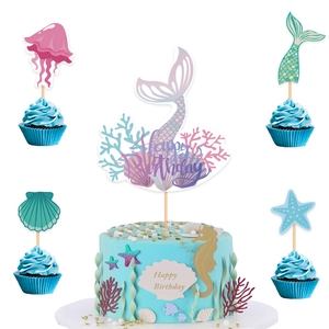 Mermaid Theme Cake Toppers Paper Seashell Starfish Happy Birthday Dessert Decoration Dreamy Ocean Party Supplies