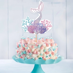 Detailed Mermaid theme cake topper with purple tail and Happy Birthday text on cake