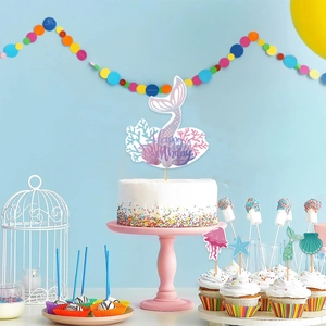 Mermaid theme cake topper set with Happy Birthday sign and sea creature cupcake picks