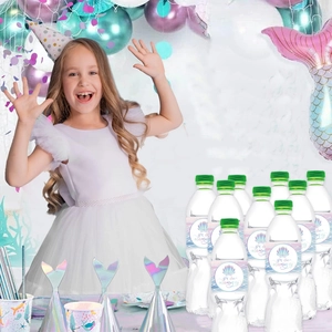 Mermaid theme water bottle labels with scales and you are mermazing text for birthday parties