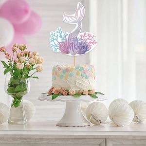 Mermaid theme Happy Birthday cake topper with shell and starfish on white floral cake