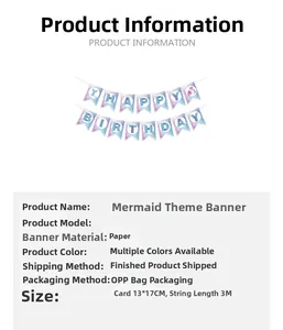 Mermaid theme Happy Birthday banner size details with shell and tail pattern cards