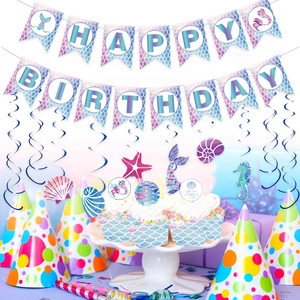 Mermaid Theme Birthday Party Decoration Set Happy Birthday Banner Sea Life Hanging Swirls Cupcake Toppers Party Supplies