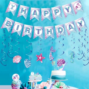 Mermaid happy birthday banner set with starfish sea shells and ocean spiral decorations