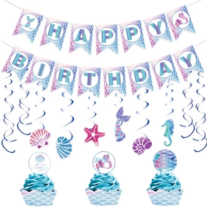 Mermaid birthday party decoration set with Happy Birthday banner and swirl ornaments