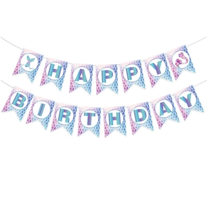 Mermaid happy birthday banner with holographic tail and purple gradient fish scale pattern