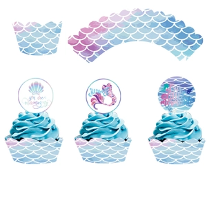 Mermaid cake topper and wrapper set with watercolor fish scale patterns and text