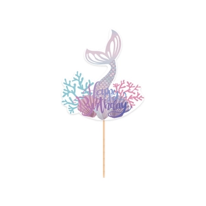 Mermaid happy birthday cake topper with purple fin, coral and shell on white background
