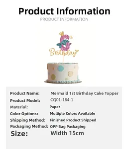 Detail showing glittery mermaid tail cake topper with number 6 and 15cm width dimensions