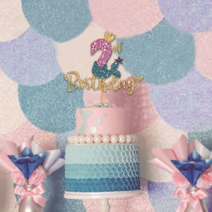 Mermaid theme 2nd birthday glitter cake topper with crown and fish tail design