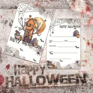 Close-up of Halloween invitation card layout with functional RSVP fields and spooky icons
