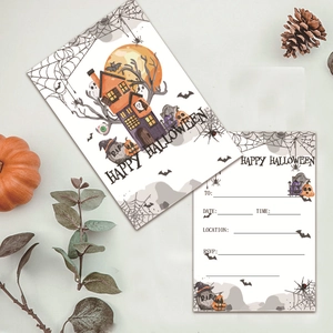 Detail of Halloween invitation cards with haunted house graphics and fill-in details