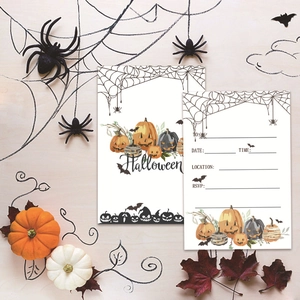 Detailed Halloween party invitation card with spooky pumpkin patterns and RSVP layout