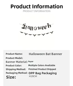 Detail of black glitter Halloween banner and bat garlands with 19cm height measurement