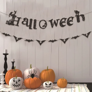 Glittery black Halloween banner with bat silhouettes on a rustic white wood background