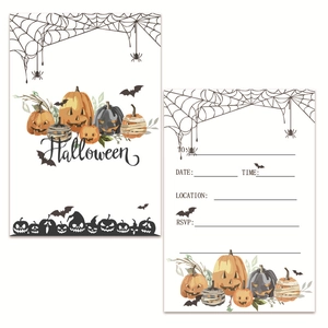 Halloween party invitation cards set featuring cartoon pumpkins and bats on white background