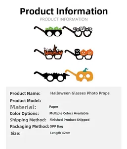 Detail view of paper Halloween glasses set showing dimensions and various festive designs