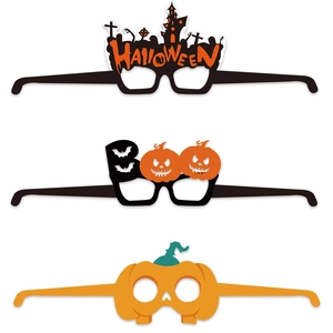 Close-up of Halloween paper glasses featuring Boo and pumpkin designs for party props