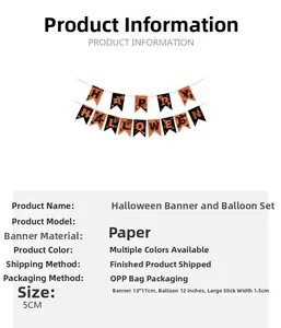 Detailed size specifications for Halloween party banner, balloons, and cake toppers set